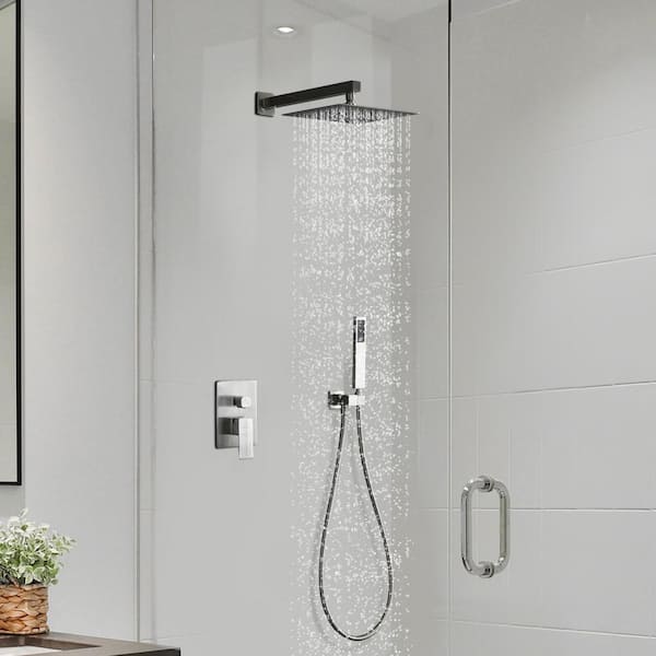 2-Spray Square 12 in. Rain Shower Head with Single-Handle Hand Shower Faucet in Brushed Nickel