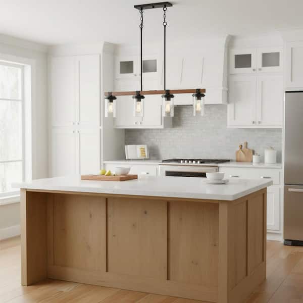 4-Light Black Wood Grain Pendant Light, Kitchen Island Hanging Fixture with Clear Glass Shades for Living Room