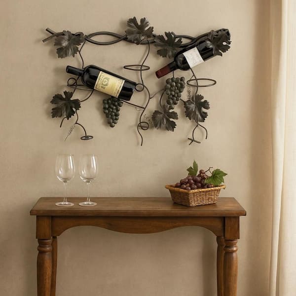 3-Bottle Black Metal Wall Hanging Wine Rack