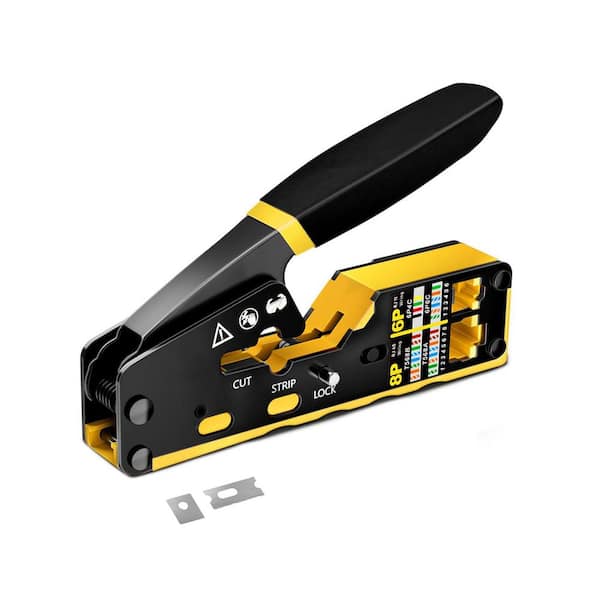 RJ45 Crimping Tool for RJ11/RJ12/RJ45 Pass Through Connectors, Strips/Cuts/Crimps CAT6/5e/5, Yellow, 1 Pack