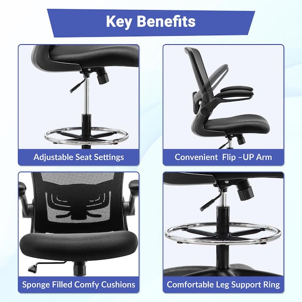 MAYKOOSH Black Flip-Top Ergonomic Mesh Drafting Swivel Desk Chair