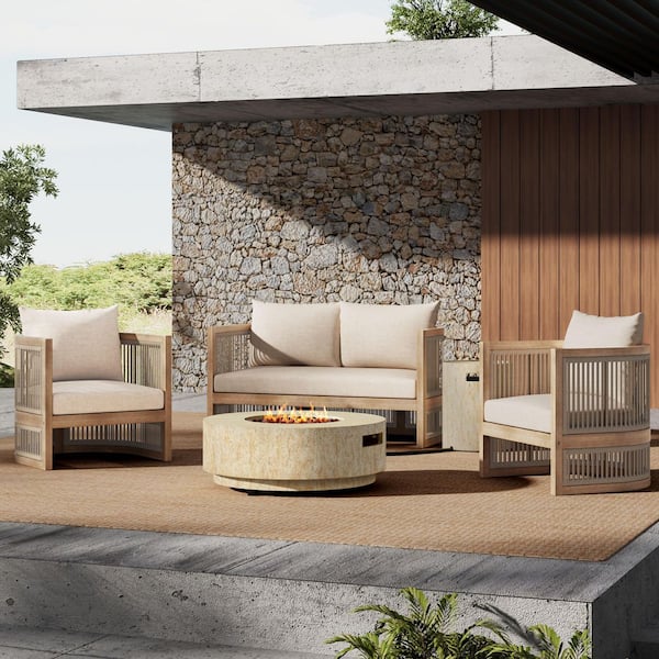Remy Outdoor 5-Piece Wood Patio Conversation Set with Beige Cushions, 40000 BTU Propane Fire Pit, Light Teak Finish