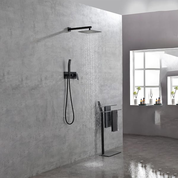 YONKI SUNSHIN INC Single Handle 1-Spray Pattern 2 Showerheads Shower Faucet Set 1.8 GPM with High Pressure Hand Shower in Matte Black