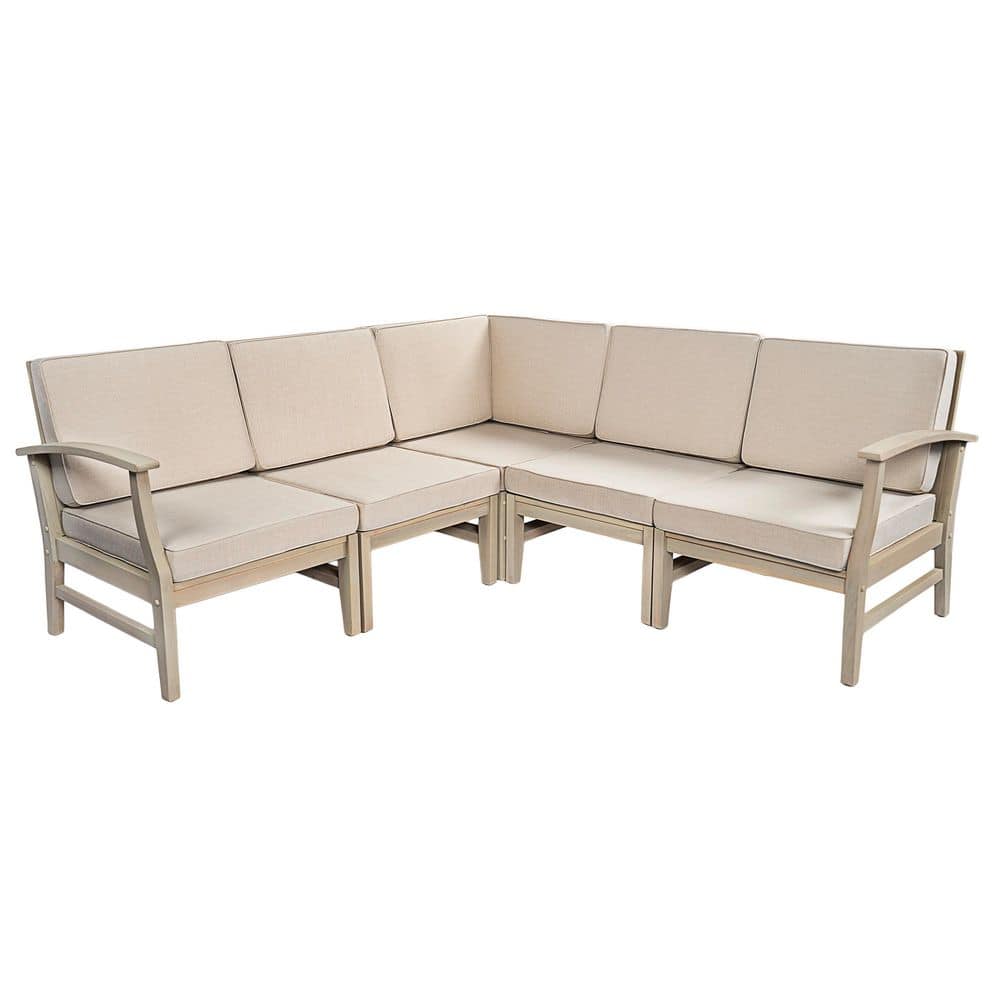 Merritt 77.55 in. W L-Shaped Light White Solid Wood Outdoor Sectional Sofa with Sand Cushions price history on PriceWatchPro