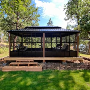 12 ft. X 20 ft. Sunroom Hardtop Gazebo Solarium Galvanized Steel Double Roof Aluminum Screen House Patio Backyard Brown