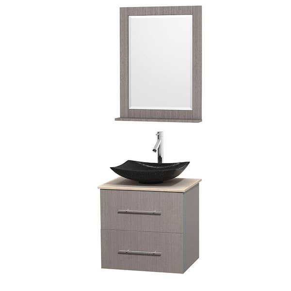Wyndham Collection Centra 24 in. Vanity in Gray Oak with Marble Vanity Top in Ivory, Black Granite Sink and 24 in. Mirror