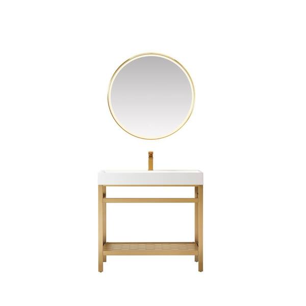 ROSWELL Soria 36 in. W x 18 in. D x 34 in. H Single Sink Bath Vanity in Brushed Gold with White Composite Stone Top and Mirror
