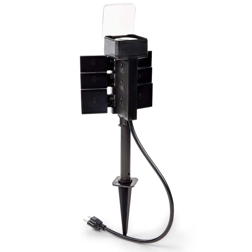 Black Waterproof Outdoor Garden Timer Stake with 6 Grounded Outlets