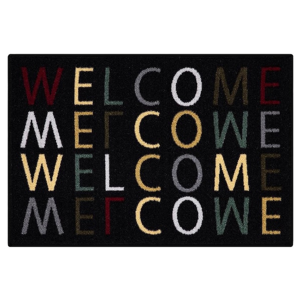 Ottomanson Welcome Collection Non-Slip Rubberback Welcome Design 2x3 Indoor Entryway Doormat, 20 in. x 30 in., Black