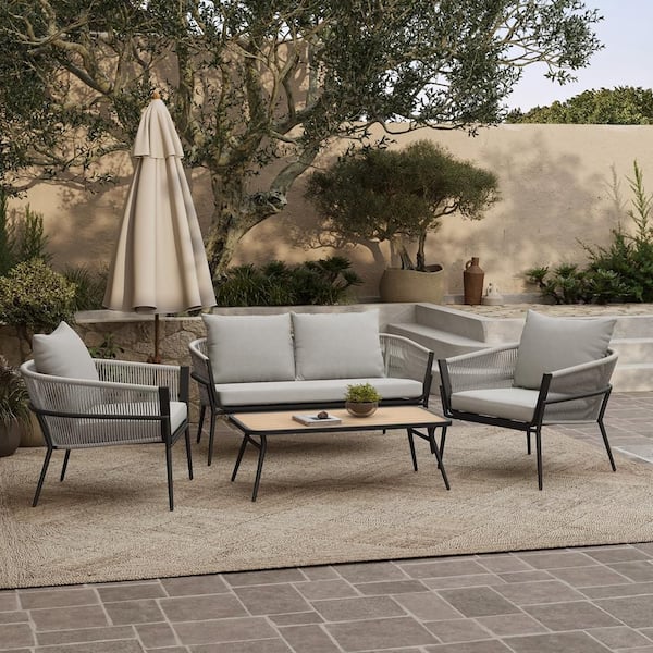 Black Outdoor Rectangular Wood with PE Rope Loveseat Sofa with Cushions and Coffee Table Set