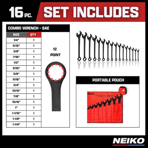 NEIKO 16-Piece Jumbo Combination Wrench Set, 1/4 in. to 1-1/4 in