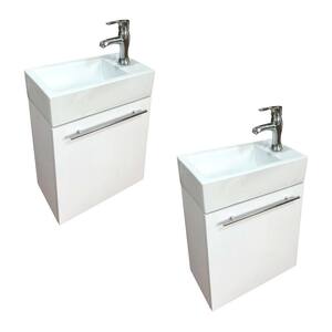Bathroom Wall Mount Sink Vanity with Towel Bar, Faucet and Drain in White Set of 2