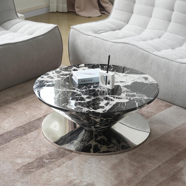 J&E Home 35.45 in. Round Wood Coffee Table with Drawers in Black