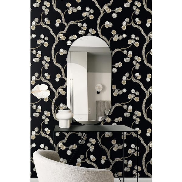 57.5 sq. ft. Jet Black and Metallic Gold Allegra Branches Unpasted Nonwoven Paper Wallpaper Roll