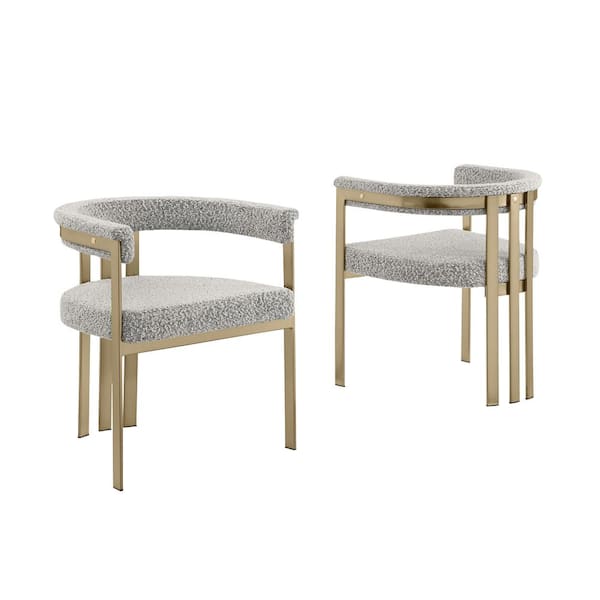 Best Quality Furniture Raymond Rich Grey Color Matte Brushed Gold Chrome Base Boucle Fabric Side Chair Set of 2