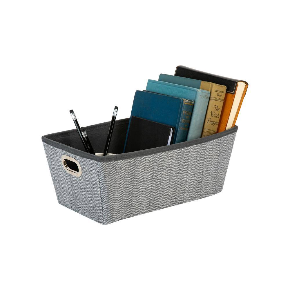 Small Gray Herringbone Fabric Storage Box with Grommet Handles