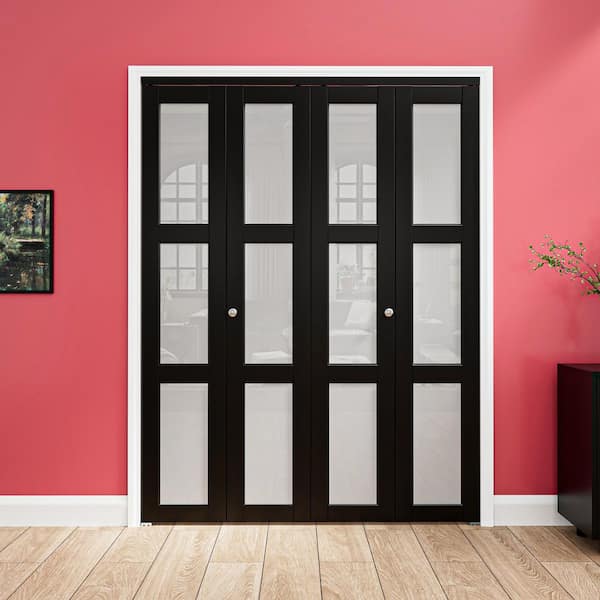 60 in. x 80 in. 3-Lite Frosted Glass Solid Core MDF Black Finished Glass Closet Bi-Fold Door with Hardware For Closet