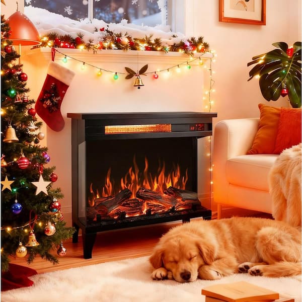 24 in. Freestanding Sheet Metal with 3-Sided Glass and Various Flame Colors Electric Fireplace in Antique Black