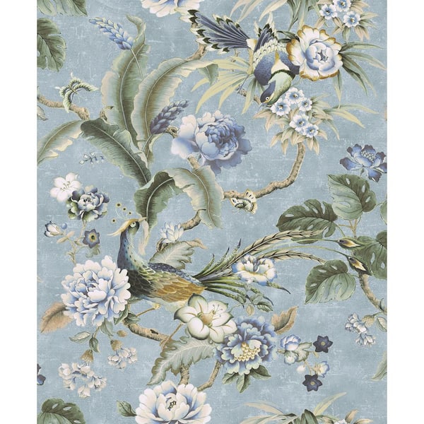 SURFACE STYLE Passerine Pavilion Blue Geyser Floral Vinyl Peel and Stick Wallpaper Roll (Covers 30.75 sq. ft.)