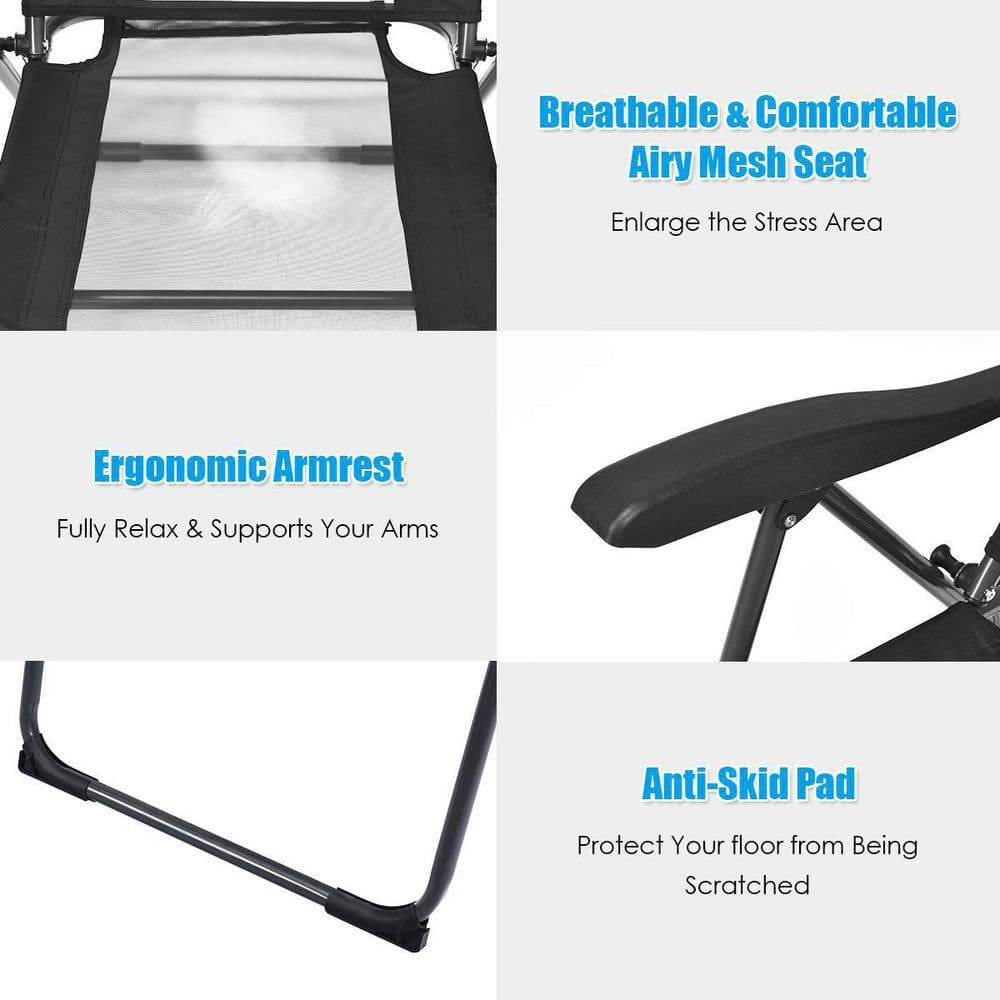 Black Adjustable Reclining Folding Patio Chairs with Headrests, Set of 4