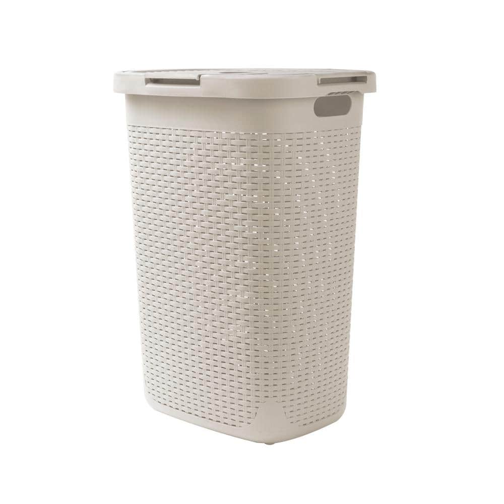 Ivory Plastic Wicker Collapsible Laundry Hamper with Wheels and Lid