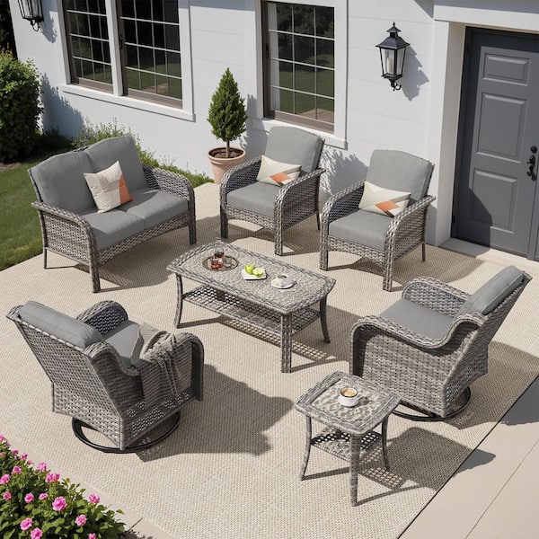 OVIOS Mejy Gray 7-Piece Wicker Patio Conversation Set with Dark Gray Cushions and Swivel Chairs