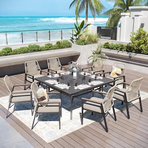 9-Piece Black Metal Patio Outdoor Dining Set with Square Table and Woven Rope Chair with Beige Cushions