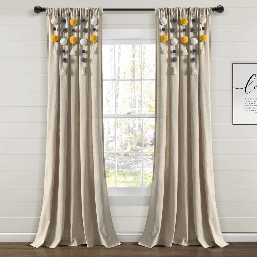 Lush Decor Boho Pom Pom Tassel Linen Window Curtain Panel Yellow/Gray Single 52x84