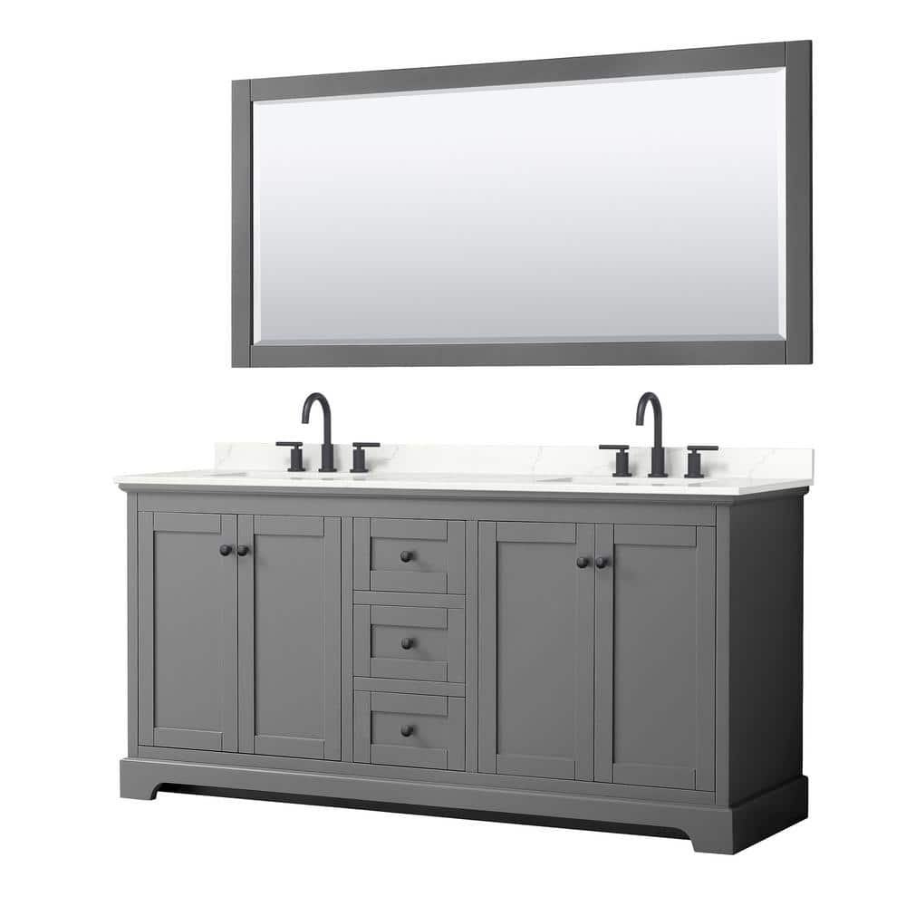 Wyndham Collection Avery 72 in. W x 22 in. D x 35 in. H Double Bath Vanity in Dark Gray with Giotto Quartz Top and 70 in. Mirror, Dark Gray with Matte Black Trim -  840193390508