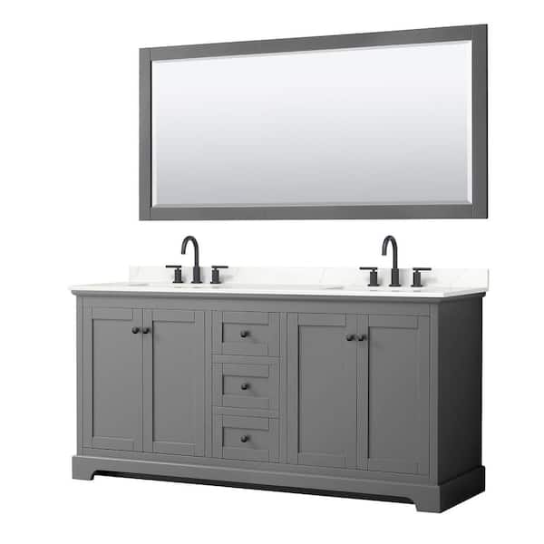 Wyndham Collection Avery 72 in. W x 22 in. D x 35 in. H Double Bath Vanity in Dark Gray with Giotto Quartz Top and 70 in. Mirror