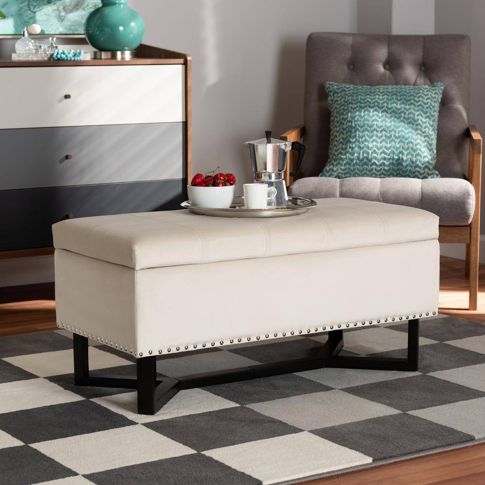 Esther Beige Velvet and Dark Brown Wood Tufted Storage Ottoman