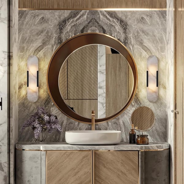 19.8 in. 2-Light Alabaster Black Wall Sconce, Natural Marble Wall Light for Living Room, Dining Room, Bedroom (2-Sets)