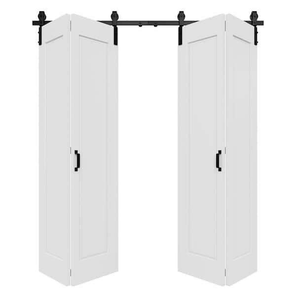 72 in. x 84 in. Paneled 1-Lite White Primed Hollow Core MDF Composite Bi-fold Door with Bifold Barn Door Hardware