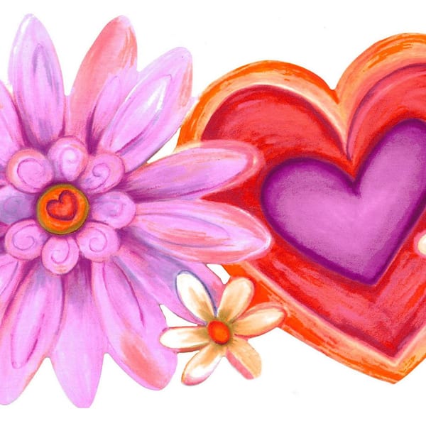 Dundee Deco Falkirk Dandy II White Purple Red Hearts and Flowers Kids Peel and Stick Wallpaper Border