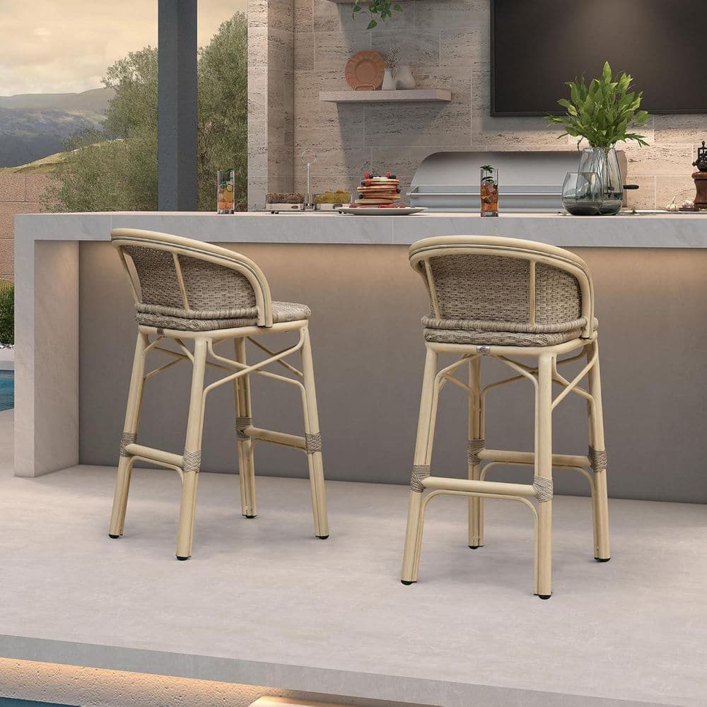 Counter Height Outdoor Bar Stool Aluminum Patio Modern Wicker Bar Stools With Back and Armrest, Light Beige(2-Pack) price history on PriceWatchPro
