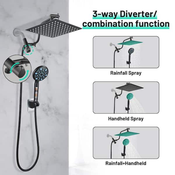 Rainfull 2-in-1 9-Spray Patterns Adjustable Fixed Shower Head with Filter 2.5 GPM and Handheld Shower Head in Black