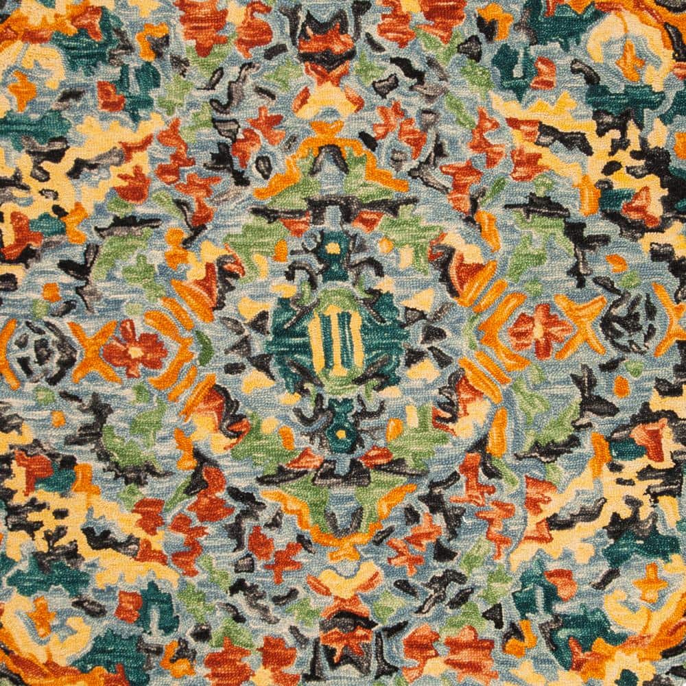 Handmade Blue Floral Wool Round Tufted Area Rug with Tassels