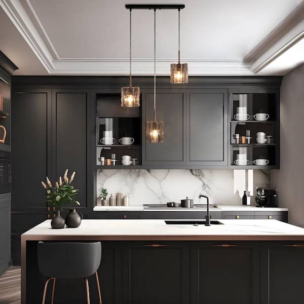 Echonalyri Modern 3-Light Glam Matte Black and Plating Brass Chandelier with Geometric Textured Glass Shades