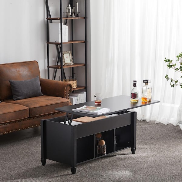 Outopee Modern 41 in. Black Rectangle Wood Coffee Table with Lift Tabletop Hidden Compartment