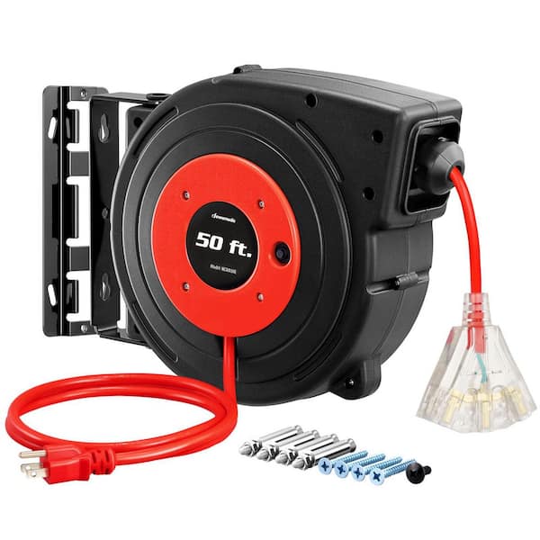 50 ft. 14/3 SJTOW 13 Amp Retractable Extension Cord Reel with 3-Lighted Triple Outlets, Red