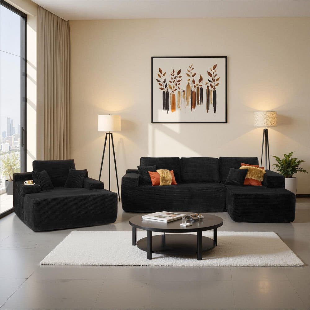 Lettu 104 in. Wide Arm 3-Piece Black Corduroy L-Shaped Modular Sectional Sofa Set with Right Chaise Lounge in Black price history on PriceWatchPro