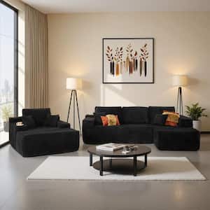 Lettu 104 in. Wide Arm 3-Piece Black Corduroy L-Shaped Modular Sectional Sofa Set with Right Chaise Lounge in Black
