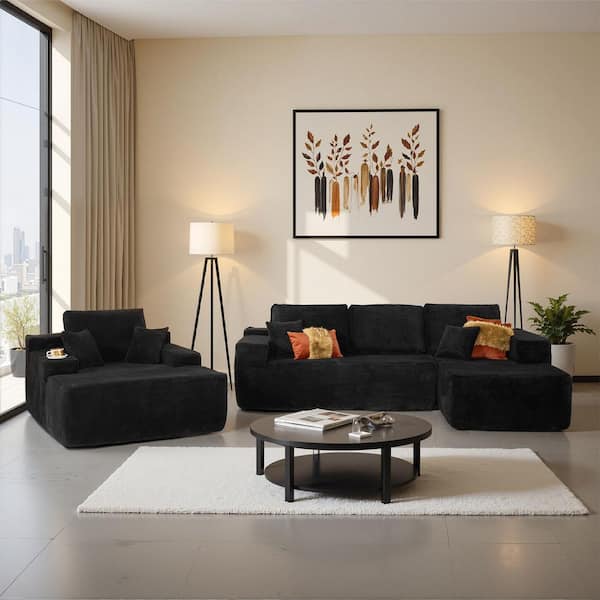 Lettu 104 in. Wide Arm 3-Piece Black Corduroy L-Shaped Modular Sectional Sofa Set with Right Chaise Lounge in Black