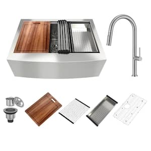 30 in. Farmhouse Single Bowl 18-Gauge Brushed Stainless Steel Kitchen Sink with with Faucet and Accessories