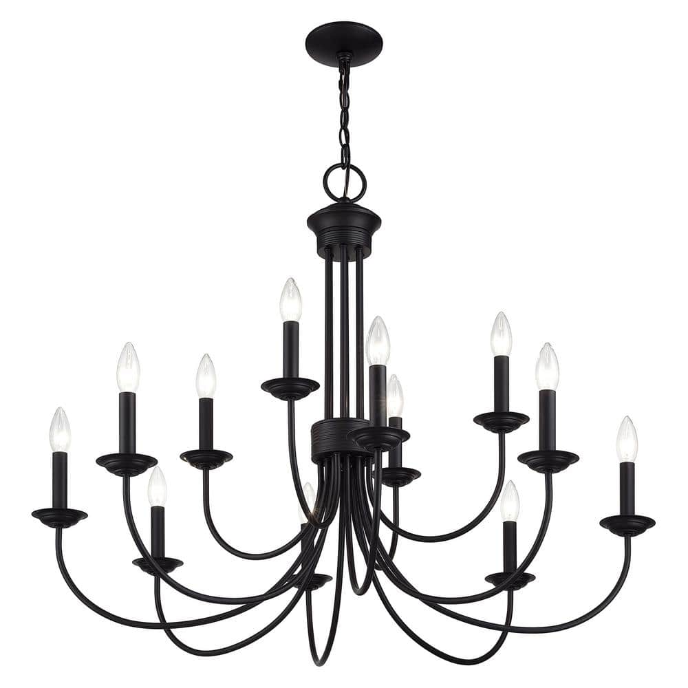 Black Steel 12-Light Large 2-Tier Candelabra Chandelier