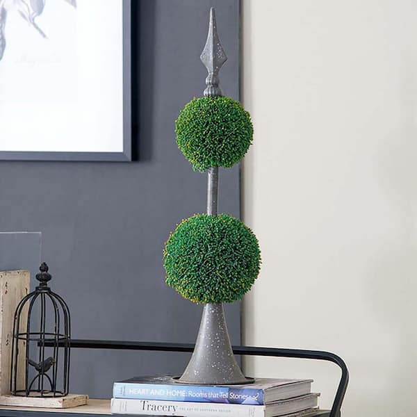Unbranded 26.5 in. Green Artificial Plant, 2-Tiered Boxwood Ball Topiary with Metal Finial Stand Indoor Outdoor House Decoration