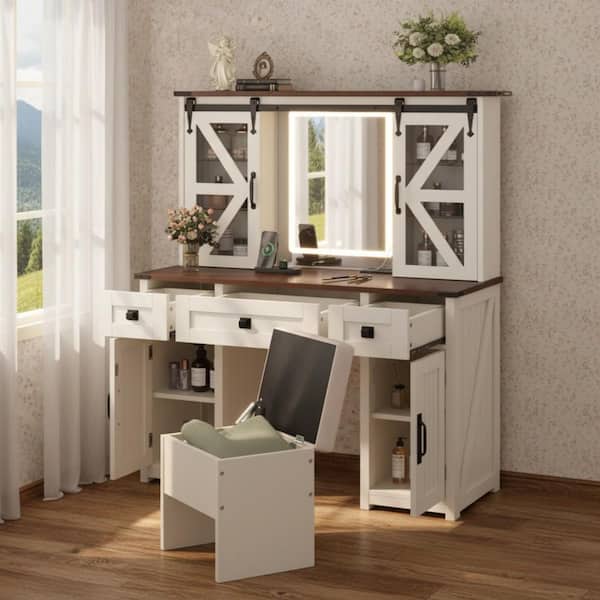 BEAU 3-Drawers Cloud White Makeup Vanity Sets Table with Barn Door Mirror LED Lights Cushion Stool and Storage Cabinets