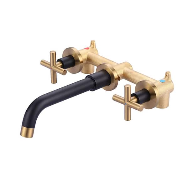 Double Handle Wall Mounted Bathroom Faucet with Brass Rough in Valve and Lever Handle in Black and Gold