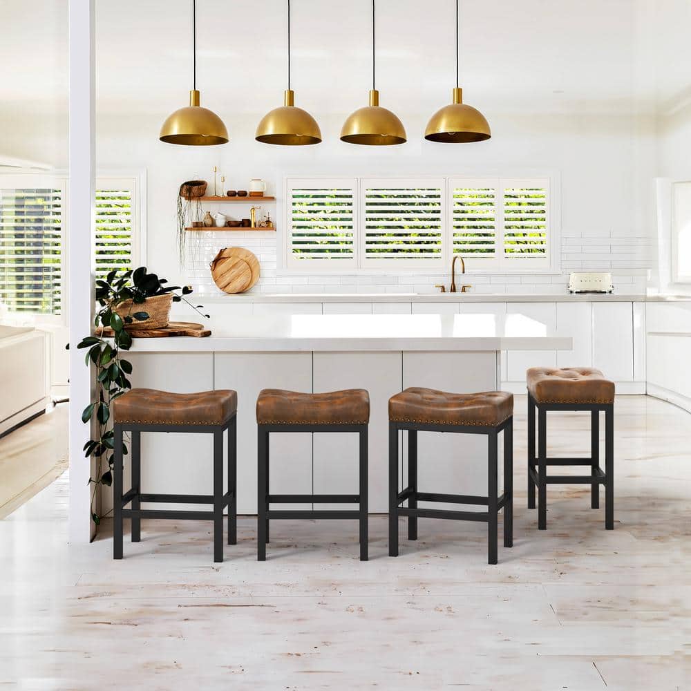 LUE BONA 24 in. Yellow Brown Counter Height Saddle Bar Stool