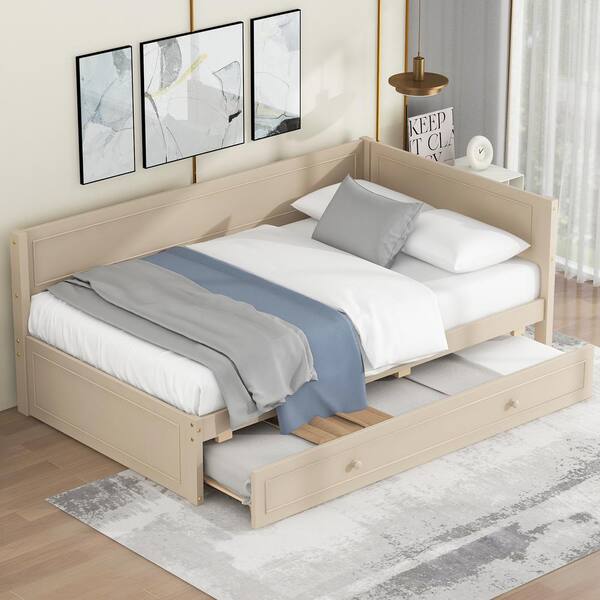 Qualler Beige Twin Daybed with Trundle and Guardrail
